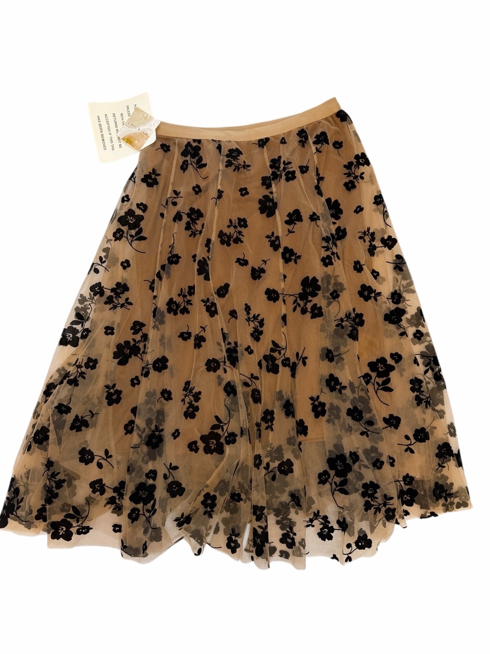 Chicwish Beige Tulle Midi Skirt with Black Floral Flock
